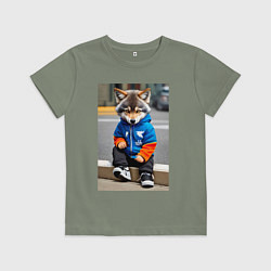 Футболка хлопковая детская Уличный волчонок-хулиган - нейросеть, цвет: авокадо