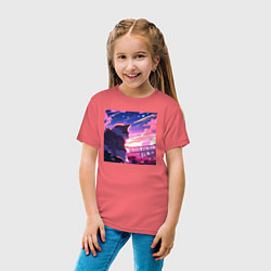 Футболка хлопковая детская Аниме пейзаж с котом, цвет: коралловый — фото 2