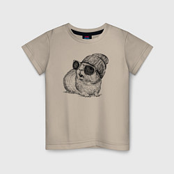 Футболка хлопковая детская Морская свинка в очках и шапке, цвет: миндальный