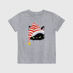 Футболка хлопковая детская Новогодний черный кот в новогоднем колпаке, цвет: меланж