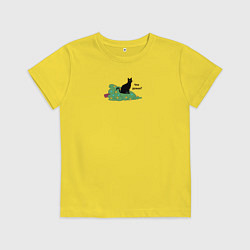 Футболка хлопковая детская Черный котик свалил елку и думает что дальше, цвет: желтый