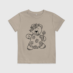Футболка хлопковая детская Мишка с ромашками - раскраска, цвет: миндальный