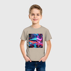 Футболка хлопковая детская Неоновая акула, цвет: миндальный — фото 2