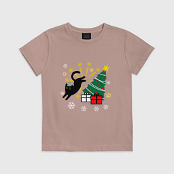 Футболка хлопковая детская Кот и елка, цвет: пыльно-розовый