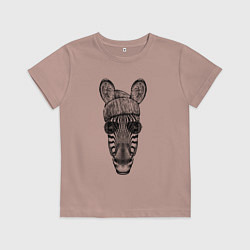 Футболка хлопковая детская Зебра в очках и шапке, цвет: пыльно-розовый