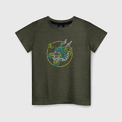 Футболка хлопковая детская Неоновый дракон - символ, цвет: меланж-хаки