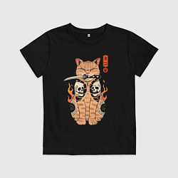Футболка хлопковая детская Огненный кот якудза самурай, цвет: черный