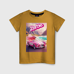 Футболка хлопковая детская Барби в кабриолете на горной дороге, цвет: горчичный