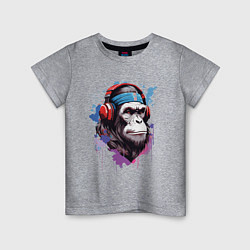 Футболка хлопковая детская Шимпанзе в наушниках, цвет: меланж