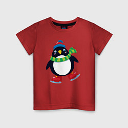 Футболка хлопковая детская Пингвин на коньках, цвет: красный