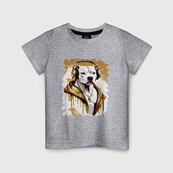 Футболка хлопковая детская Белая собака репер в наушниках с золотой цепью, цвет: меланж