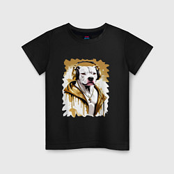 Футболка хлопковая детская Белая собака репер в наушниках с золотой цепью, цвет: черный