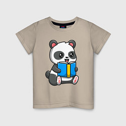 Футболка хлопковая детская Панда читает, цвет: миндальный