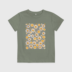 Футболка хлопковая детская В белый цветочек ромашку, цвет: авокадо