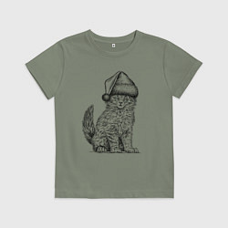 Футболка хлопковая детская Новогодний котенок мейн-кун, цвет: авокадо
