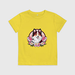 Футболка хлопковая детская Колли среди цветов сакуры, цвет: желтый