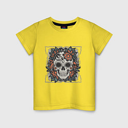 Футболка хлопковая детская Ретро татуировка с цветами и черепом, цвет: желтый