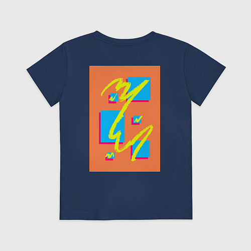 Детская футболка Оранжевый абстракт с желтой линией / Тёмно-синий – фото 2