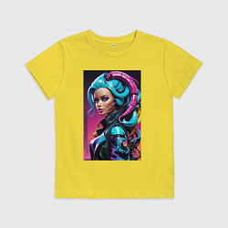 Футболка хлопковая детская Фантастическая кибер девчонка - нейросеть, цвет: желтый