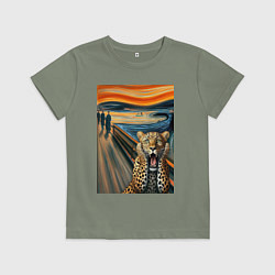 Футболка хлопковая детская Леопард кричит - мем картина от нейросети, цвет: авокадо