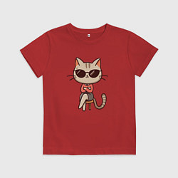 Футболка хлопковая детская Деловая кошка босс в очках внимательно смотрит, цвет: красный