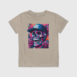 Футболка хлопковая детская Череп в бейсболке - граффити, цвет: миндальный