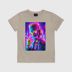 Футболка хлопковая детская Cyber skeleton of Bart Simpson - neon glow, цвет: миндальный