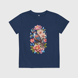 Футболка хлопковая детская Птица Калипта Анны среди цветов, цвет: тёмно-синий