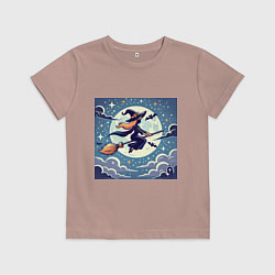 Футболка хлопковая детская Ведьма на метле в ночи, цвет: пыльно-розовый