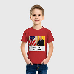 Футболка хлопковая детская Мем Байден и американский флаг: я устал я ухожу, цвет: красный — фото 2