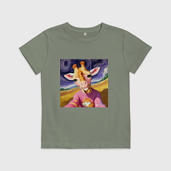 Футболка хлопковая детская Селфи жирафа, цвет: авокадо