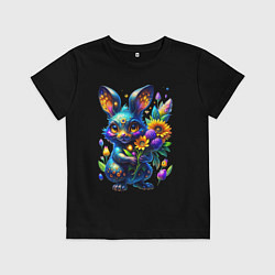 Футболка хлопковая детская Милый синий зайка с неоновым цветком, цвет: черный