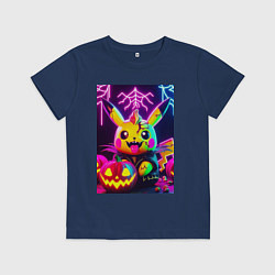 Футболка хлопковая детская Зомби Пикачу с тыквой - неоновое свечение, цвет: тёмно-синий