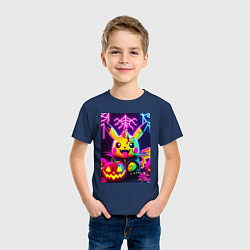 Футболка хлопковая детская Зомби Пикачу с тыквой - неоновое свечение, цвет: тёмно-синий — фото 2