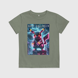 Футболка хлопковая детская Pikachu with a cyber claws - halloween, цвет: авокадо