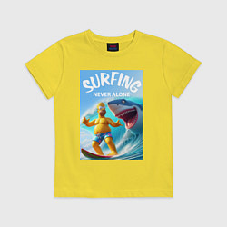 Футболка хлопковая детская Homer Simpson and shark - surfing never alone, цвет: желтый