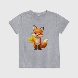 Футболка хлопковая детская Рыжая лисица с осенним листочком, цвет: меланж
