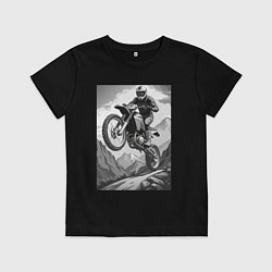 Футболка хлопковая детская Мотоциклист в горах, цвет: черный