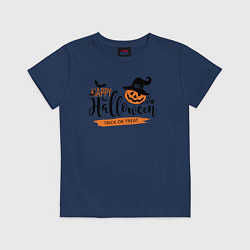 Футболка хлопковая детская Halloween - тыква в шляпе, цвет: тёмно-синий