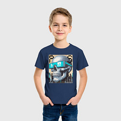 Футболка хлопковая детская Pixel skull - ai art fantasy, цвет: тёмно-синий — фото 2