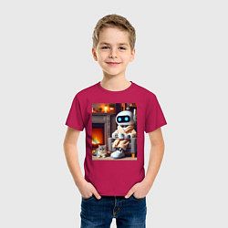 Футболка хлопковая детская Робот у камина с котом и чашкой кофе - нейроарт, цвет: маджента — фото 2