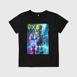 Футболка хлопковая детская Скейтбордист Барт Симпсон в ночном городе под дожд, цвет: черный