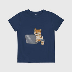 Футболка хлопковая детская Собака Сиба ину печатает на ноутбуке с кофе, цвет: тёмно-синий