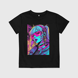 Футболка хлопковая детская Кибер девчонка в розовых очках - нейроарт, цвет: черный