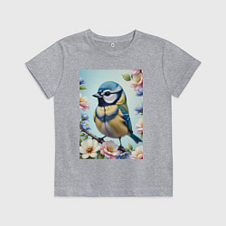 Футболка хлопковая детская Синичка в цветах, цвет: меланж