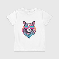 Футболка хлопковая детская Ретро кот в розовых солнечных очках Vaporwave, цвет: белый