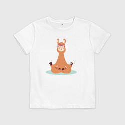 Футболка хлопковая детская Лама в позе лотоса занимается йогой, цвет: белый