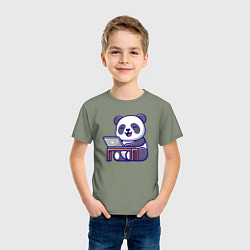 Футболка хлопковая детская Весёлая панда с ноутбуком, цвет: авокадо — фото 2