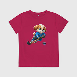 Футболка хлопковая детская Щенок хоккейный форвард - нейроарт, цвет: маджента