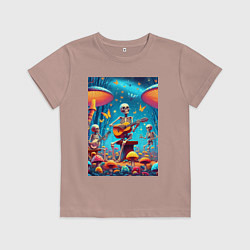 Футболка хлопковая детская Соло скелета на гитаре под грибами, цвет: пыльно-розовый